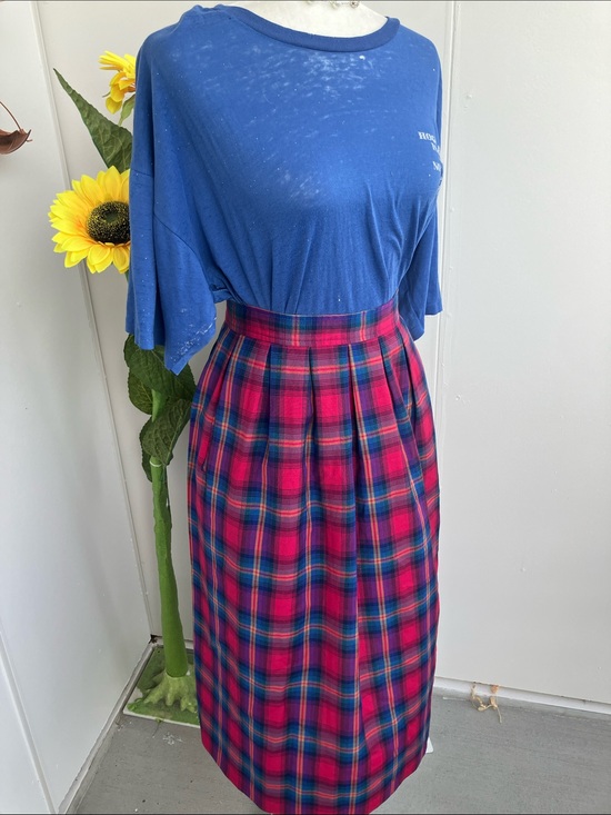 Vintage Dresses & Skirts - Vintage 70s 80s Pendleton Magenta Red and Royal Blue Madras Plaid Midi Skirt
